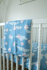 Organic Bamboo Cotton Muslin Swaddle Blanket in Baseballs in the Sky