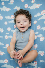 Organic Bamboo Cotton Muslin Crib Sheet in Baseballs in the Sky