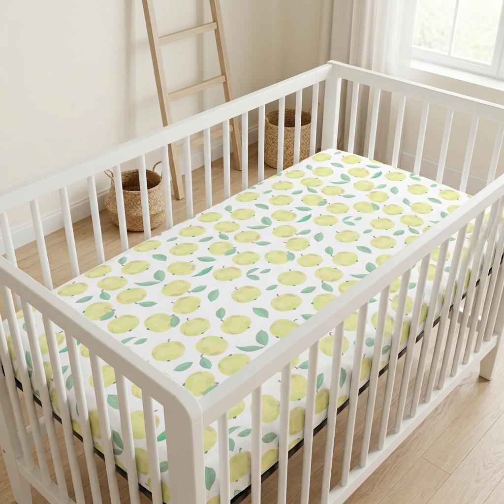 Apple of My Eye crib sheet with a finer, smaller-scale print