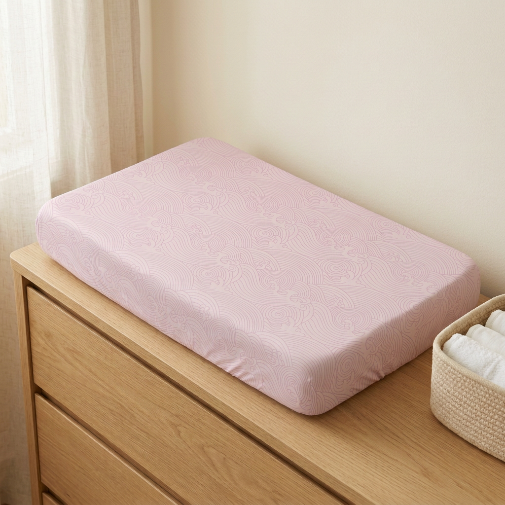 Pink Crashing Sea Waves changing pad cover styled on a nursery changing dresser